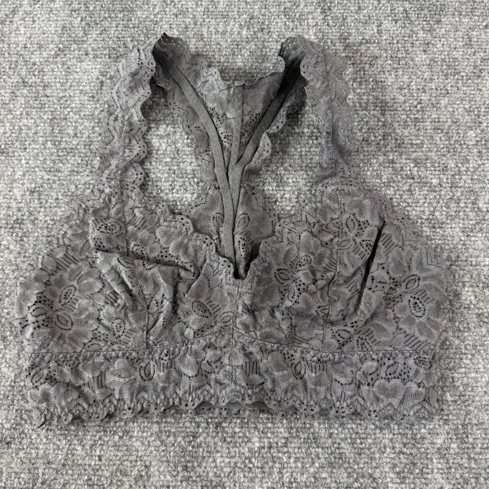 Felina Lace Bralette Women Size M Gray Racerback Floral Scalloped Boho Feminine